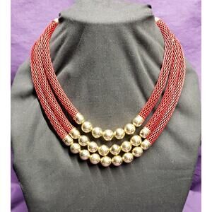 Three Layer Red Mesh Tube Chain With Gold Tone Beads, adjustable length